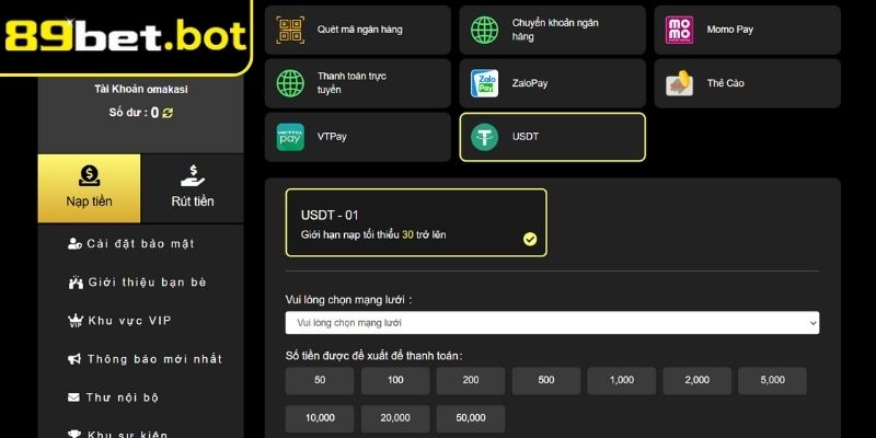Nạp Rút Tiền 89bet 2 Chi tiết giao dịch nạp tiền